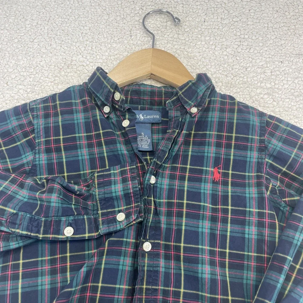Ralph Lauren Shirt Boy Size 5 Blue Green Plaid Button Down Long Sleeve Pony Logo